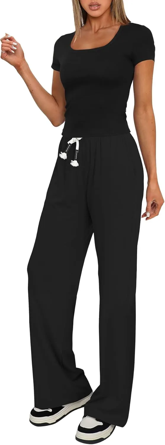 Darong Women's Two Piece Outfit Short Sleeve Scoop Neck T Shirts with Wide Leg Pants Active Tracksuit Lounge Set