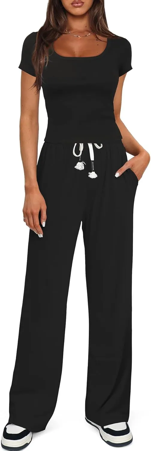 Darong Women's Two Piece Outfit Short Sleeve Scoop Neck T Shirts with Wide Leg Pants Active Tracksuit Lounge Set