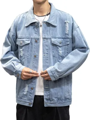 DAVID.ANN Men's Distressed Denim Jacket Casual Vintage Rugged Trucker Coat