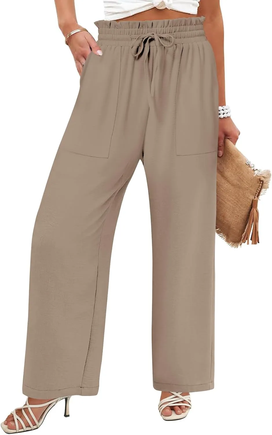DB MOON Womens Wide Leg Pants Business Casual Outfits Loose High Waist Trouser with Pockets