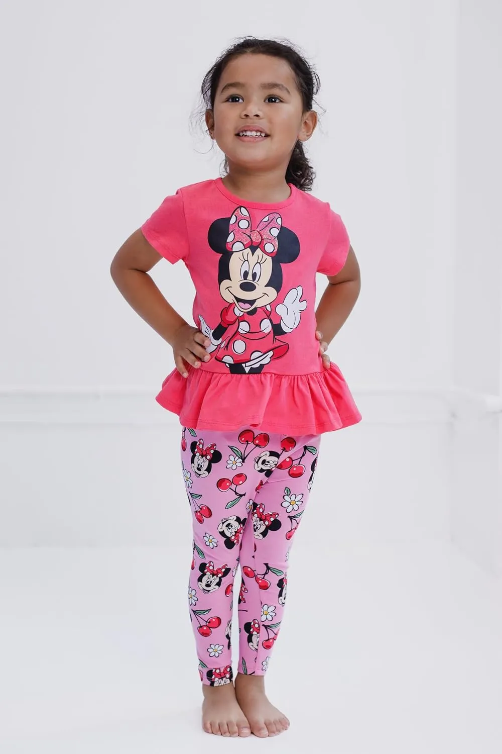 Disney Minnie Mouse Floral Peplum T-Shirt and Leggings Outfit Set Infant to Big Kid Sizes (12 Months - 14-16)
