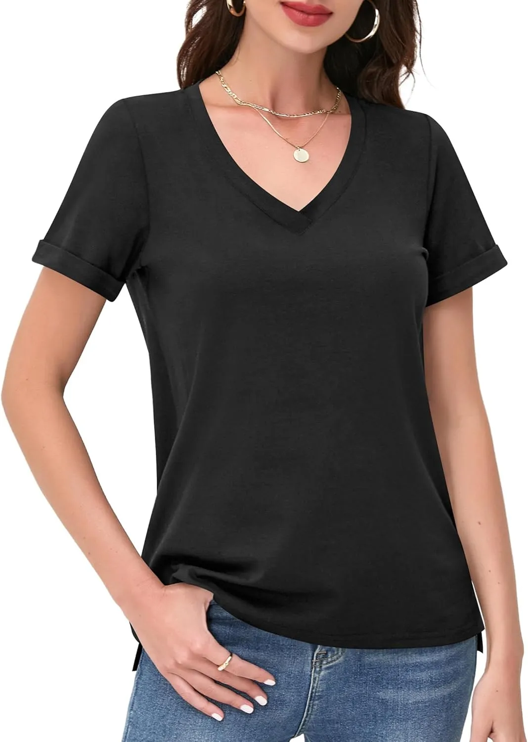 DittyandVibe Women's Cotton V Neck Rolled Short Sleeve T Shirt Loose Fit Split Hem Tops