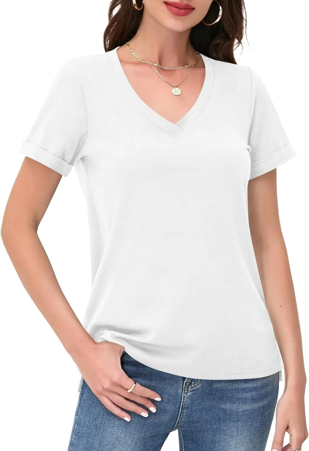 DittyandVibe Women's Cotton V Neck Rolled Short Sleeve T Shirt Loose Fit Split Hem Tops