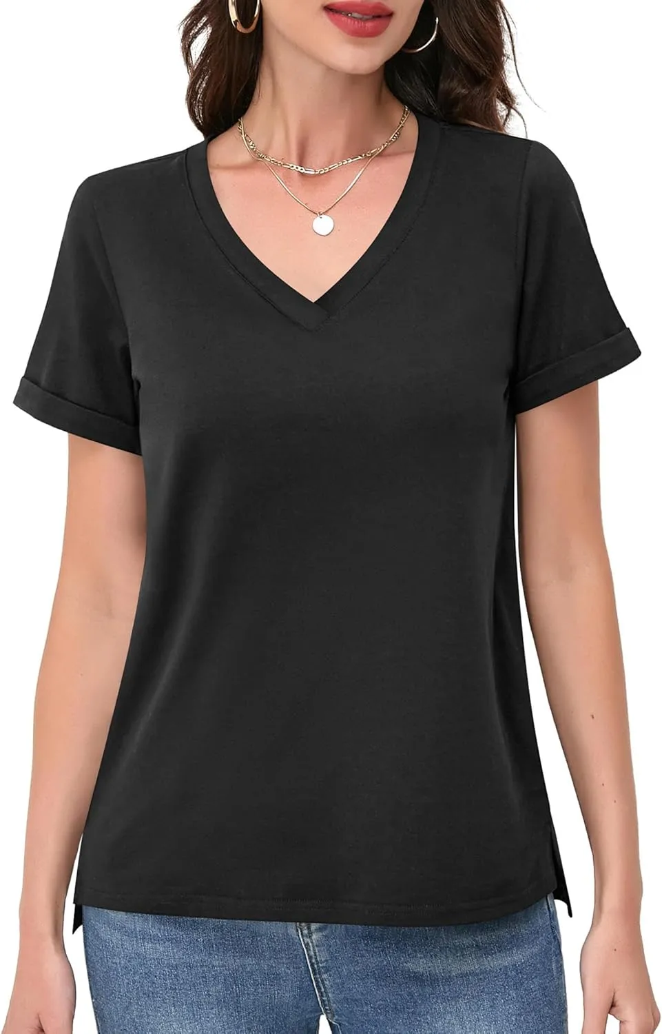 DittyandVibe Women's Cotton V Neck Rolled Short Sleeve T Shirt Loose Fit Split Hem Tops