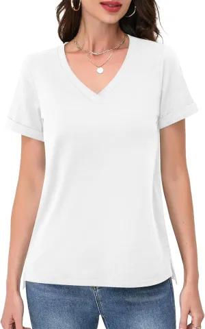 DittyandVibe Women's Cotton V Neck Rolled Short Sleeve T Shirt Loose Fit Split Hem Tops