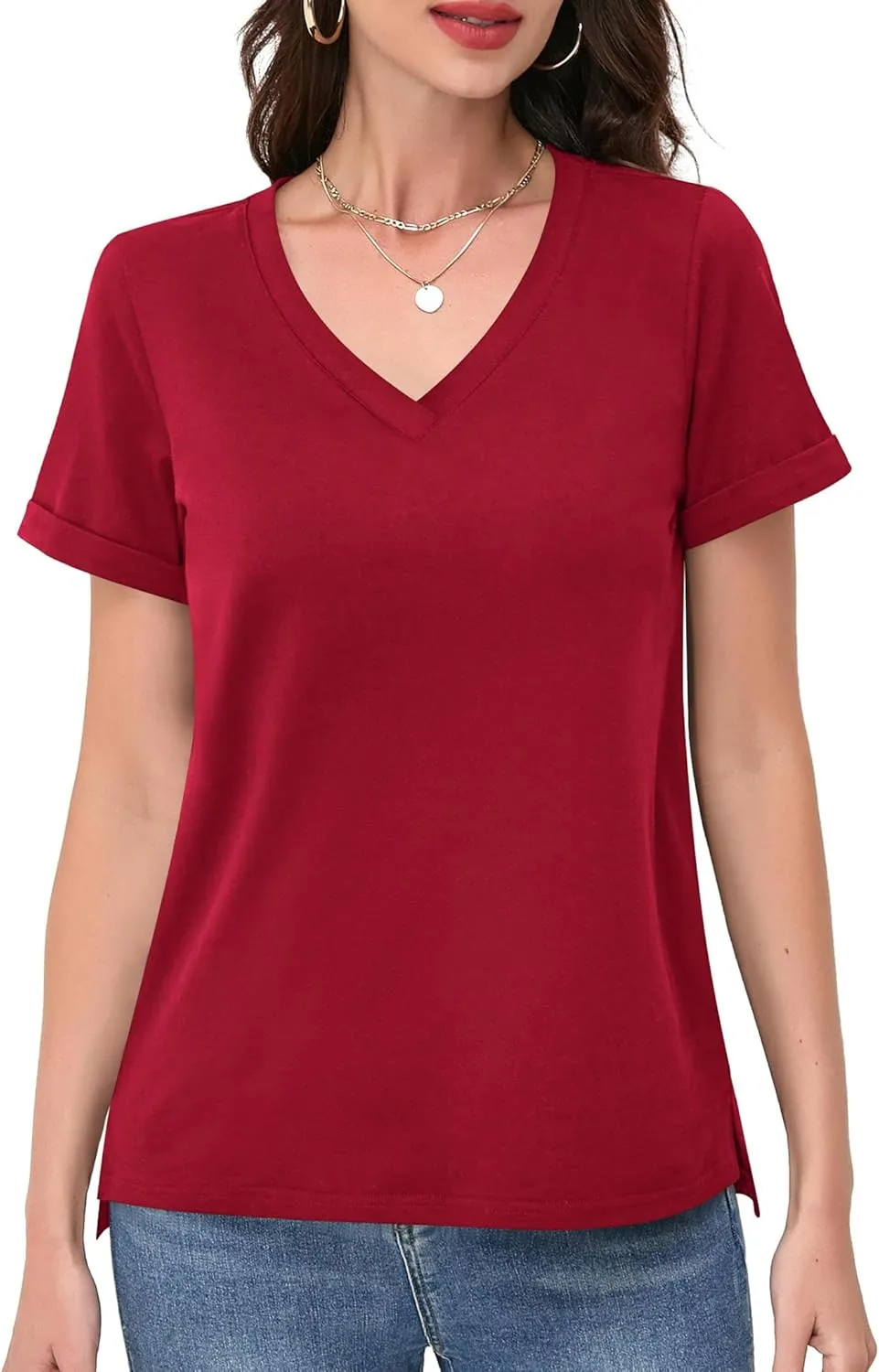 DittyandVibe Women's Cotton V Neck Rolled Short Sleeve T Shirt Loose Fit Split Hem Tops