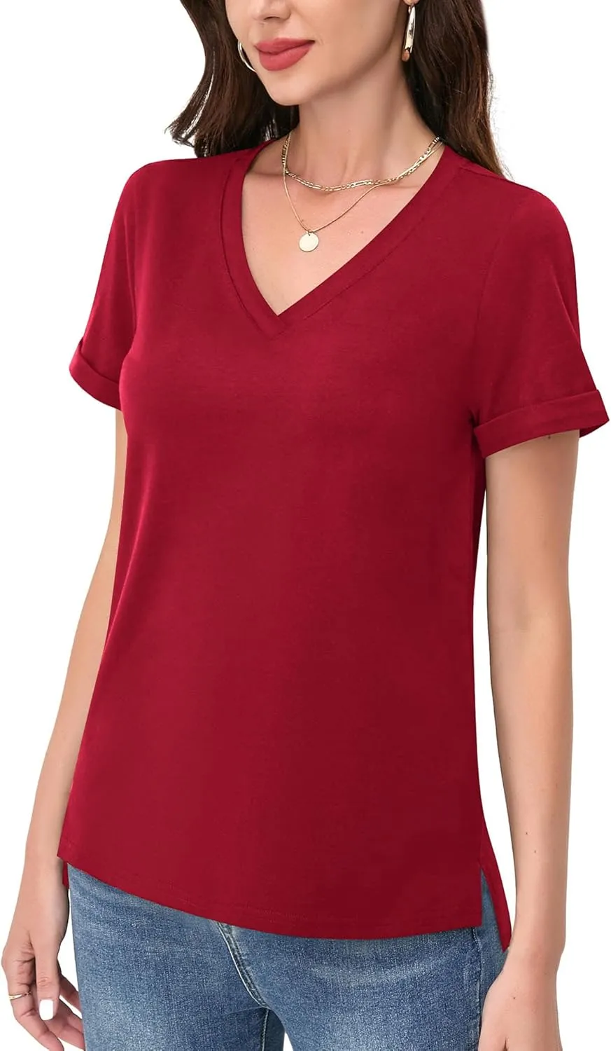 DittyandVibe Women's Cotton V Neck Rolled Short Sleeve T Shirt Loose Fit Split Hem Tops