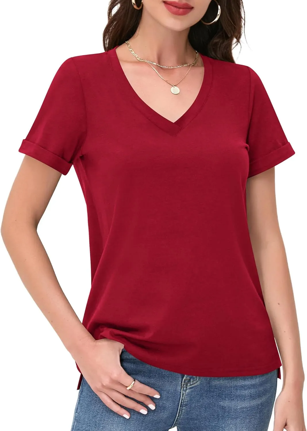 DittyandVibe Women's Cotton V Neck Rolled Short Sleeve T Shirt Loose Fit Split Hem Tops