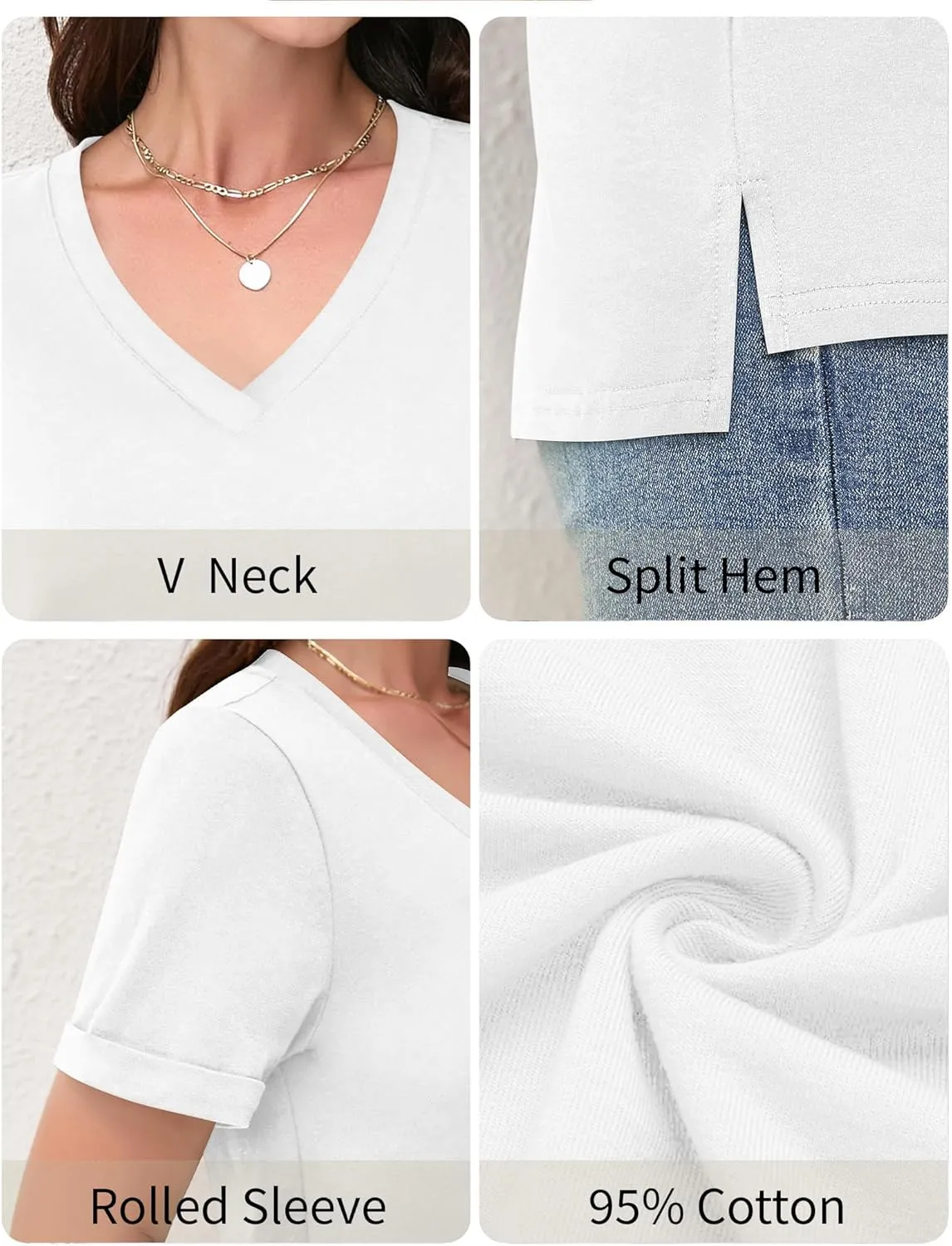 DittyandVibe Women's Cotton V Neck Rolled Short Sleeve T Shirt Loose Fit Split Hem Tops