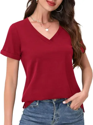 DittyandVibe Women's Cotton V Neck Rolled Short Sleeve T Shirt Loose Fit Split Hem Tops