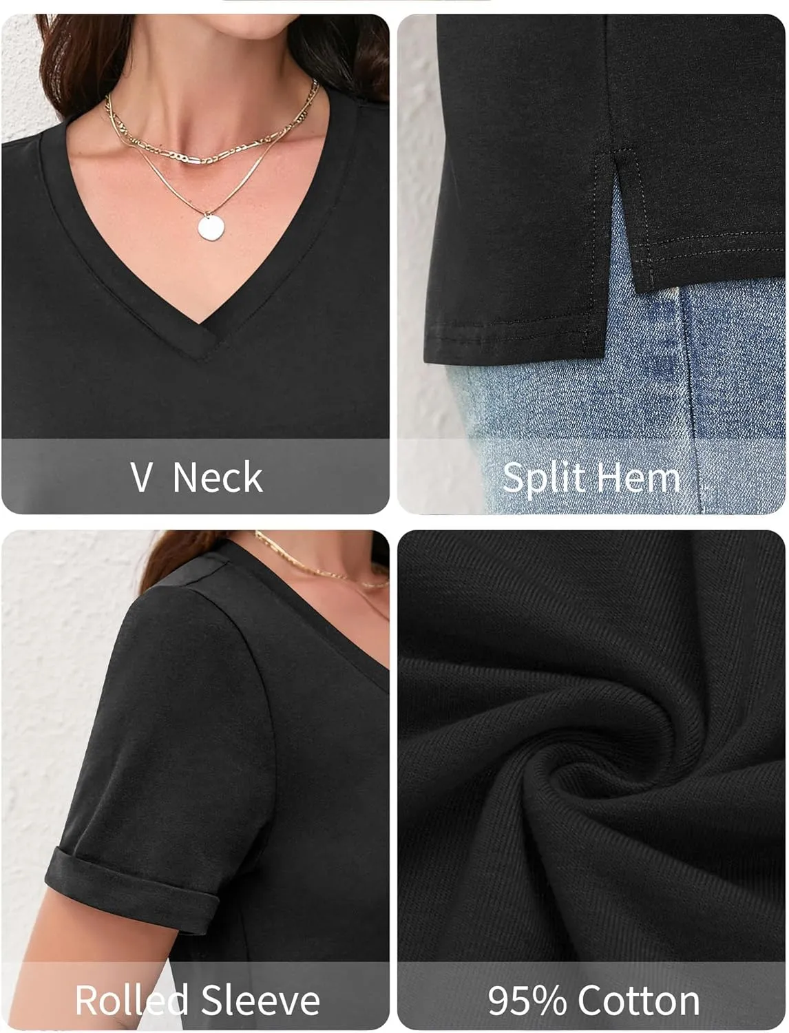 DittyandVibe Women's Cotton V Neck Rolled Short Sleeve T Shirt Loose Fit Split Hem Tops