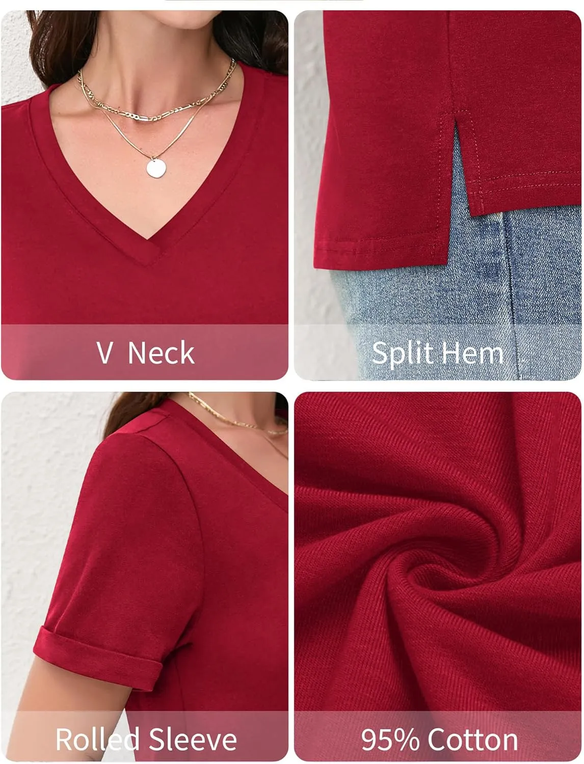 DittyandVibe Women's Cotton V Neck Rolled Short Sleeve T Shirt Loose Fit Split Hem Tops
