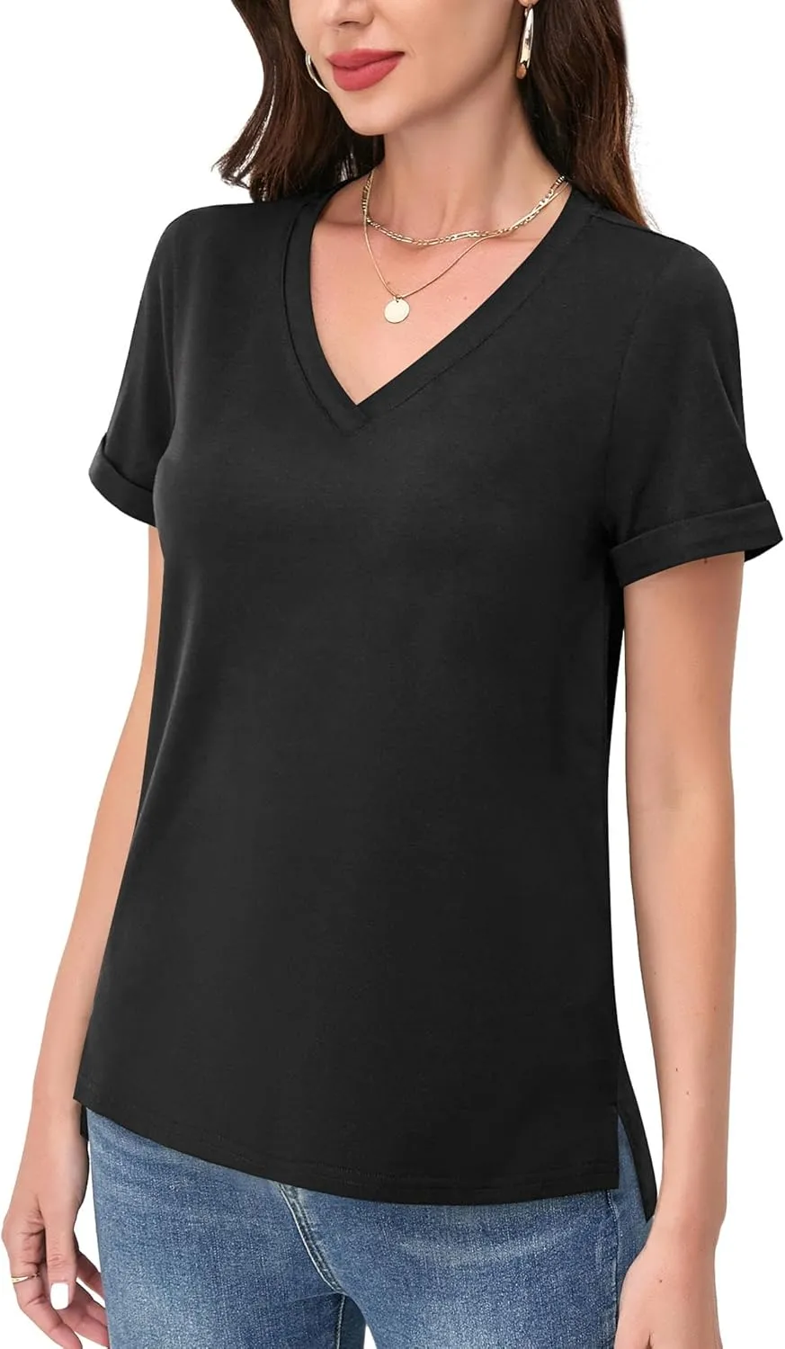 DittyandVibe Women's Cotton V Neck Rolled Short Sleeve T Shirt Loose Fit Split Hem Tops