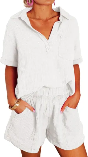Dokotoo Women's Two Piece Outfits V Neck Short Sleeve Shirts and High Waist Shorts Lounge Sets