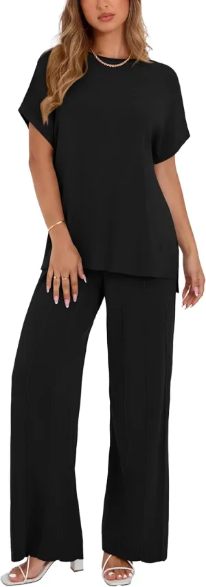 dowerme Women Summer Clothes 2025 Casual 2 Piece Outfits Ribbed Knit Lounge Set Pullover Top Pleated Wide Leg Pant Sets