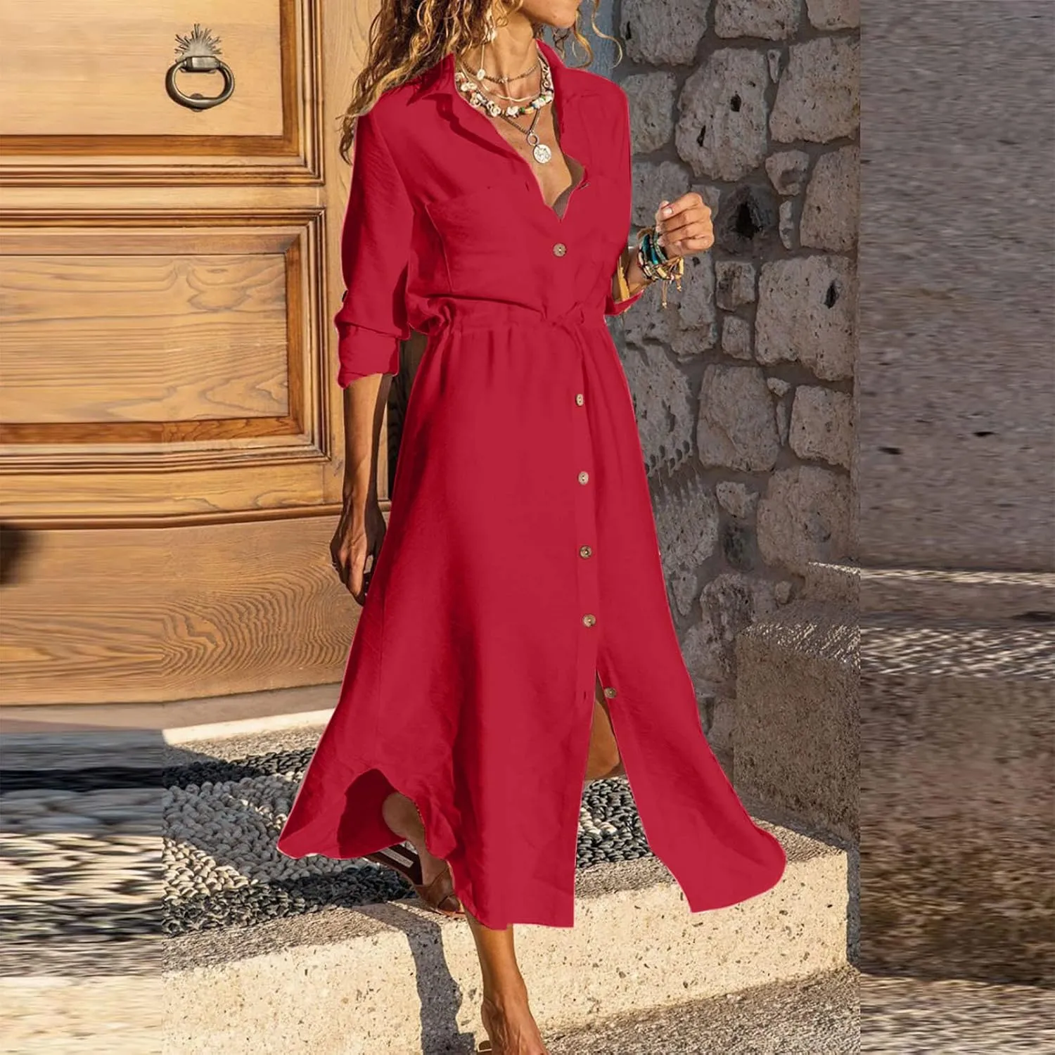 Dresses for Women Fall 2024 Plus Size Button Down Ankle Length Dresses Cotton Linen Empire Waist Maxi Long Dresses
