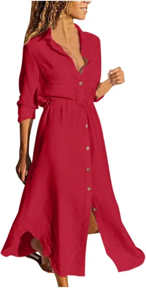 Dresses for Women Fall 2024 Plus Size Button Down Ankle Length Dresses Cotton Linen Empire Waist Maxi Long Dresses
