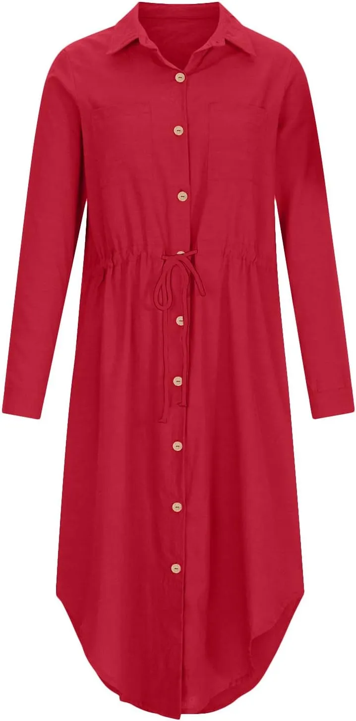 Dresses for Women Fall 2024 Plus Size Button Down Ankle Length Dresses Cotton Linen Empire Waist Maxi Long Dresses