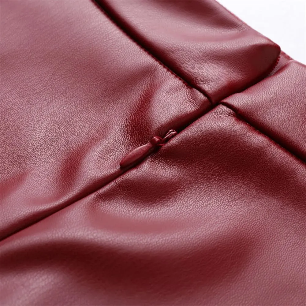 Dvbfufv Women PU Leather Midi Skirt Spring Summer Elegant Office Solid Skirt Lady Casual High Waist Zipper Pleated Skirt