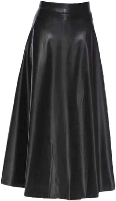 Dvbfufv Women PU Leather Midi Skirt Spring Summer Elegant Office Solid Skirt Lady Casual High Waist Zipper Pleated Skirt