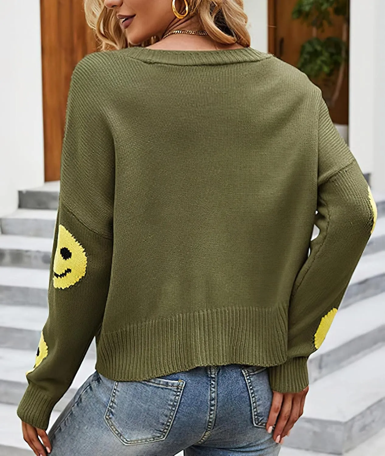 ebossy Womens Ribbed Knit Cardigans Slouchy Cute Smile Graphic Pretty Daisy Button-up Jacquard Knitted Sweater Coat