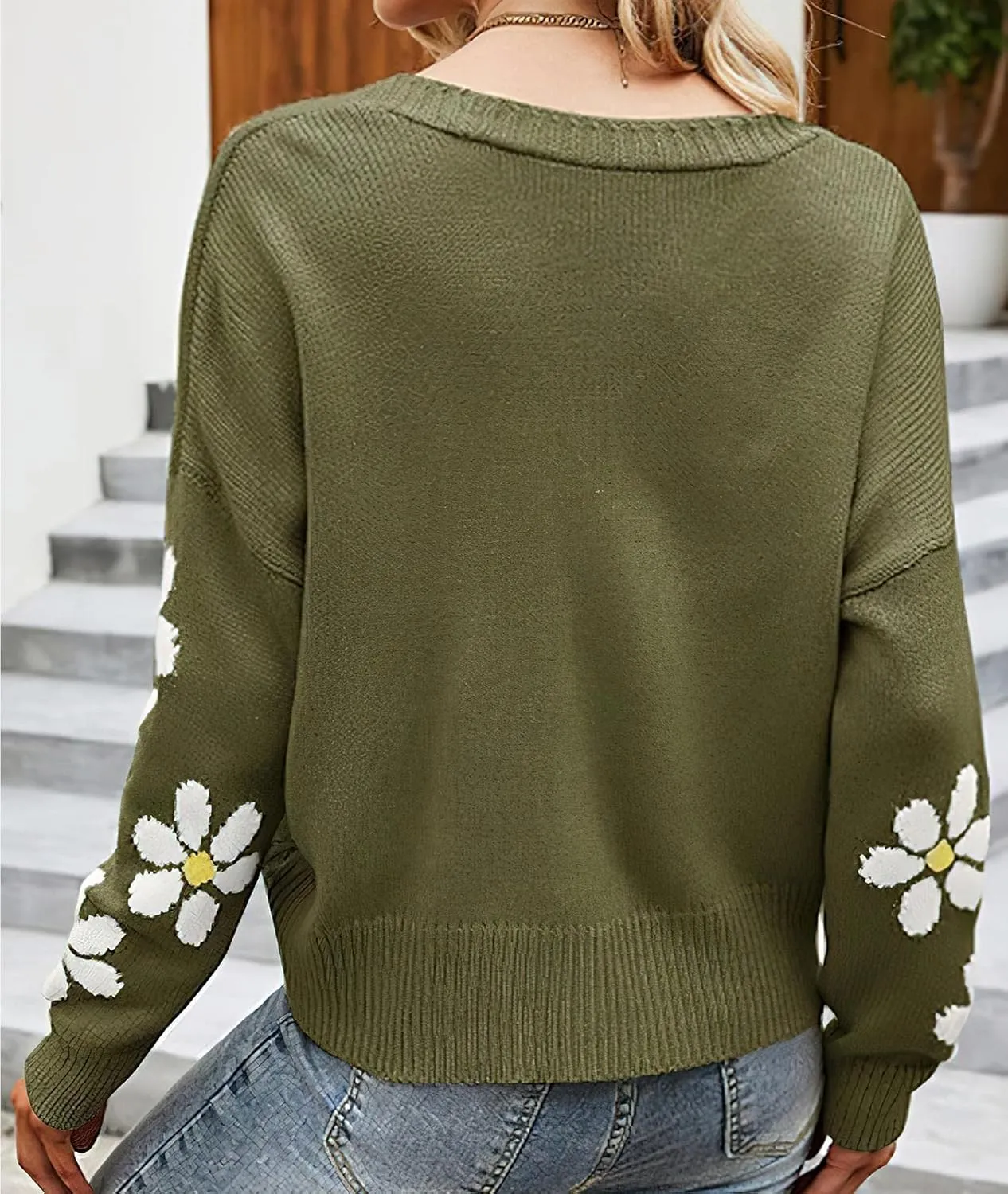 ebossy Womens Ribbed Knit Cardigans Slouchy Cute Smile Graphic Pretty Daisy Button-up Jacquard Knitted Sweater Coat