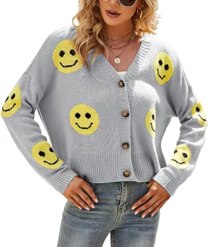 ebossy Womens Ribbed Knit Cardigans Slouchy Cute Smile Graphic Pretty Daisy Button-up Jacquard Knitted Sweater Coat