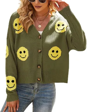 ebossy Womens Ribbed Knit Cardigans Slouchy Cute Smile Graphic Pretty Daisy Button-up Jacquard Knitted Sweater Coat