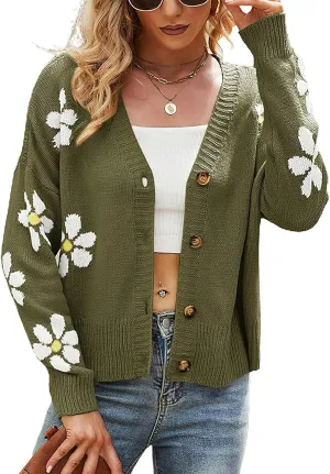 ebossy Womens Ribbed Knit Cardigans Slouchy Cute Smile Graphic Pretty Daisy Button-up Jacquard Knitted Sweater Coat