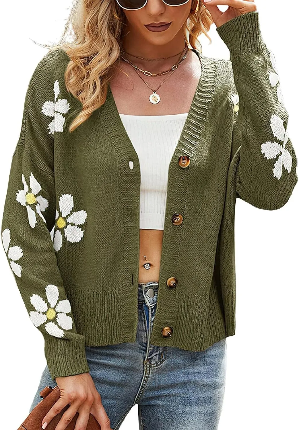 ebossy Womens Ribbed Knit Cardigans Slouchy Cute Smile Graphic Pretty Daisy Button-up Jacquard Knitted Sweater Coat
