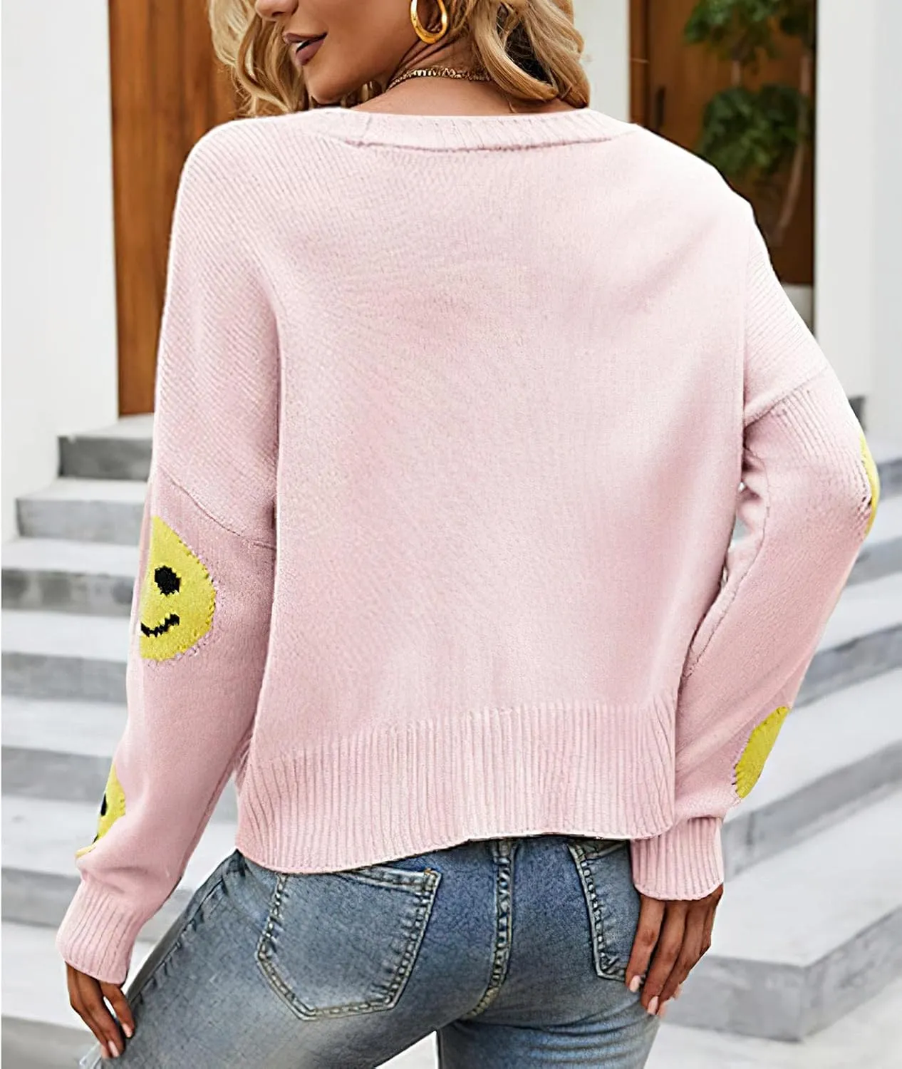ebossy Womens Ribbed Knit Cardigans Slouchy Cute Smile Graphic Pretty Daisy Button-up Jacquard Knitted Sweater Coat