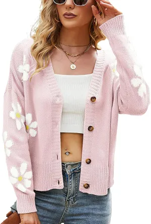 ebossy Womens Ribbed Knit Cardigans Slouchy Cute Smile Graphic Pretty Daisy Button-up Jacquard Knitted Sweater Coat