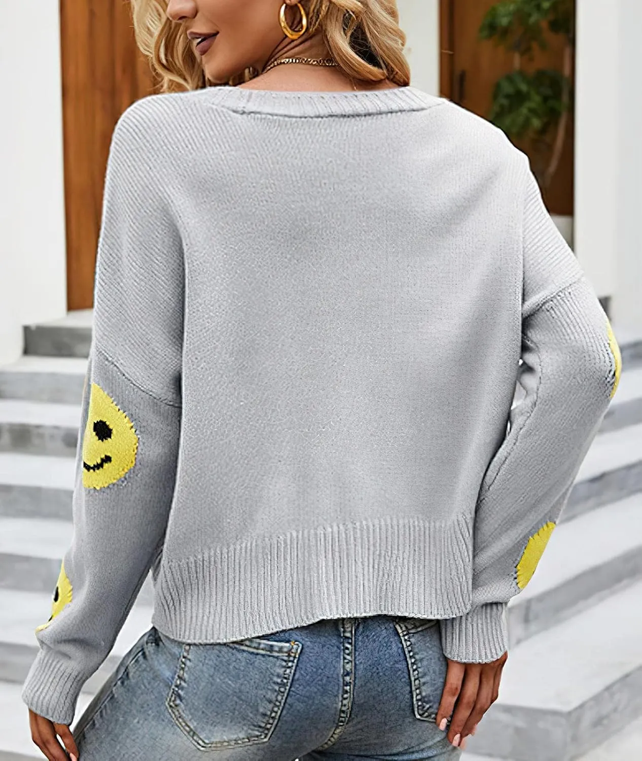 ebossy Womens Ribbed Knit Cardigans Slouchy Cute Smile Graphic Pretty Daisy Button-up Jacquard Knitted Sweater Coat