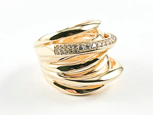 Elegant Unique Irregular Shape Multi Crossover Layered Design Gold Tone Silver Ring