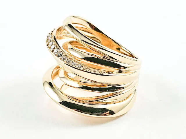 Elegant Unique Irregular Shape Multi Crossover Layered Design Gold Tone Silver Ring