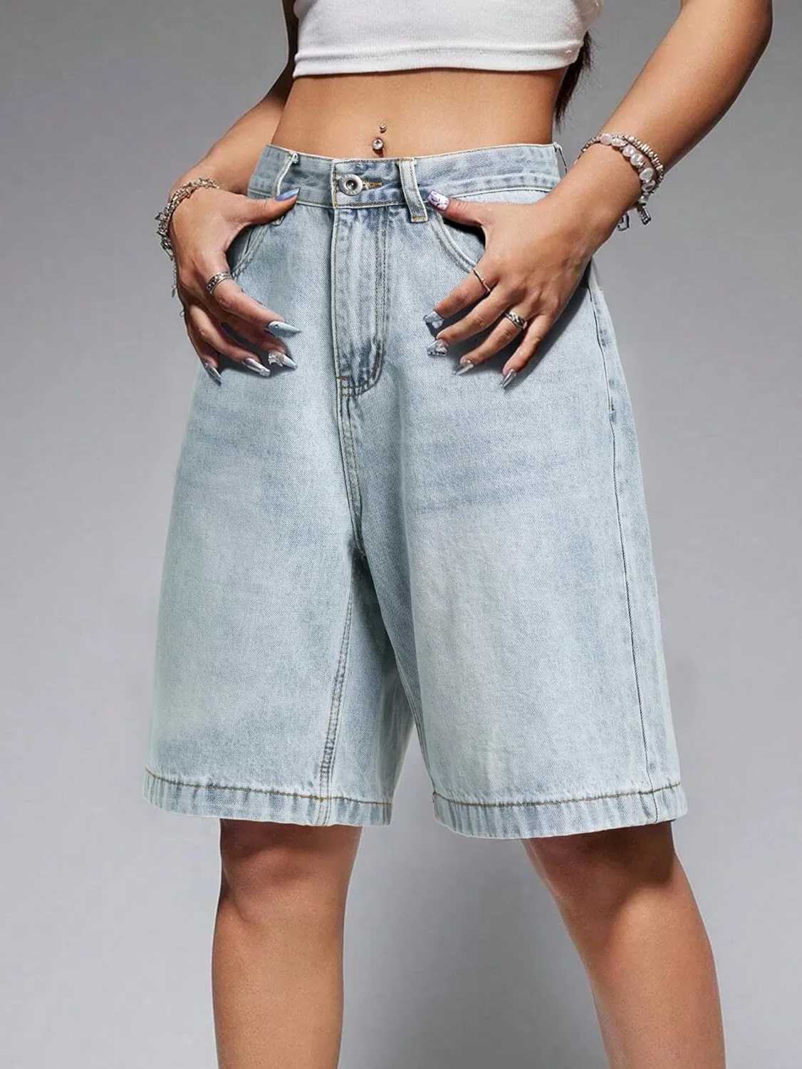 EMMIOL Women Jorts Baggy Jeans Shorts Mid-Low Waisted Denim Y2K Hip-Hop Shorts Summer Hot Short Pants Streetwear