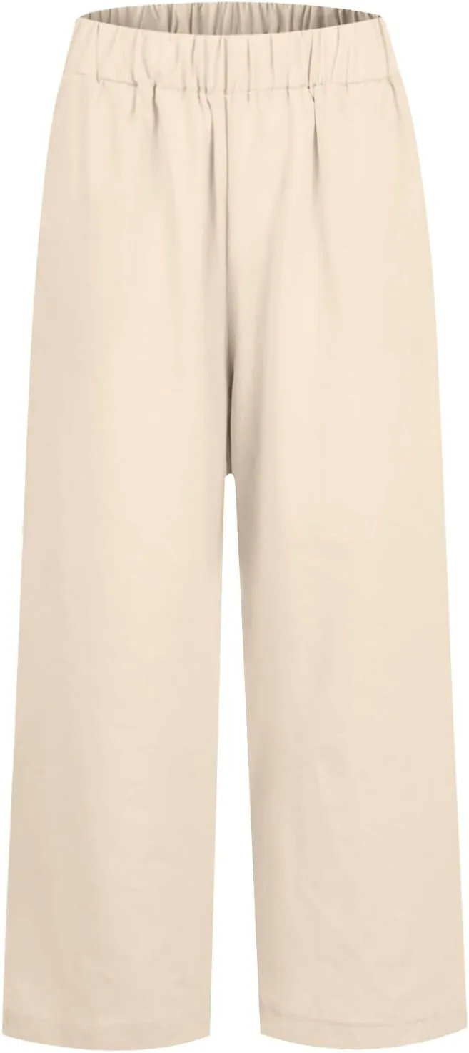 eoeioa Elastic Waisted Linen Pants Women Summer Comfy Flowy Palazzo Pants Boho Baggy Casual Pants Boho Beach Pants w/Pockets
