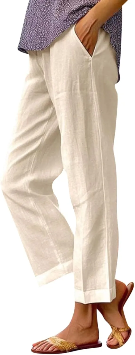 eoeioa Elastic Waisted Linen Pants Women Summer Comfy Flowy Palazzo Pants Boho Baggy Casual Pants Boho Beach Pants w/Pockets