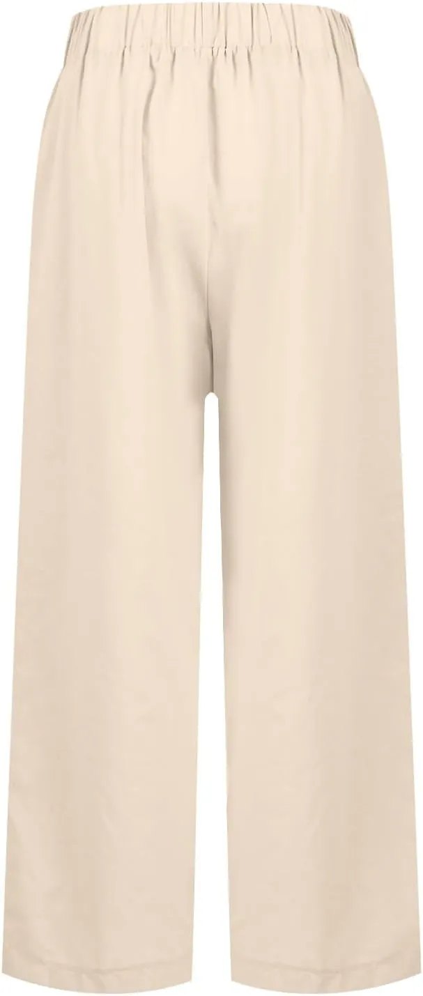 eoeioa Elastic Waisted Linen Pants Women Summer Comfy Flowy Palazzo Pants Boho Baggy Casual Pants Boho Beach Pants w/Pockets