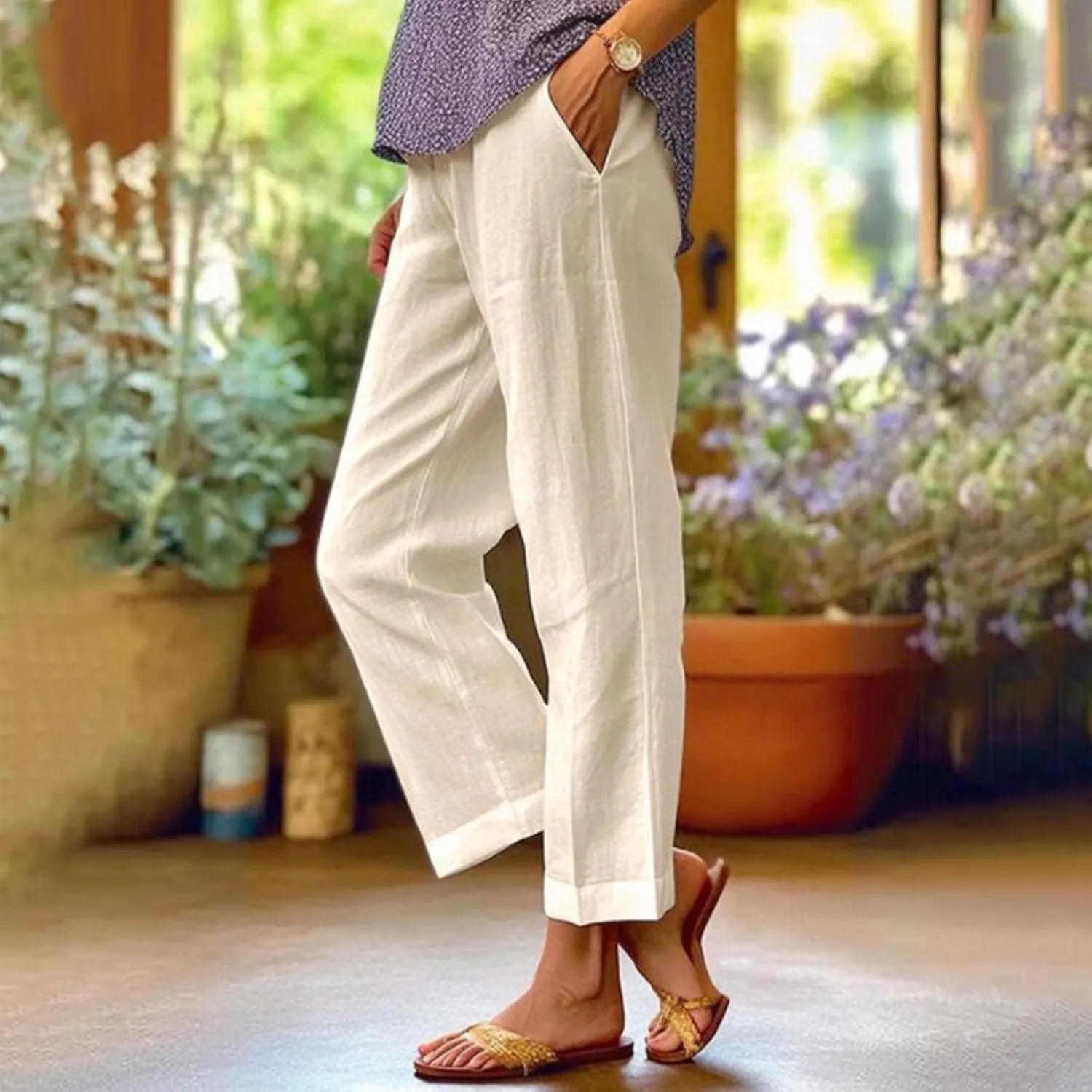 eoeioa Elastic Waisted Linen Pants Women Summer Comfy Flowy Palazzo Pants Boho Baggy Casual Pants Boho Beach Pants w/Pockets
