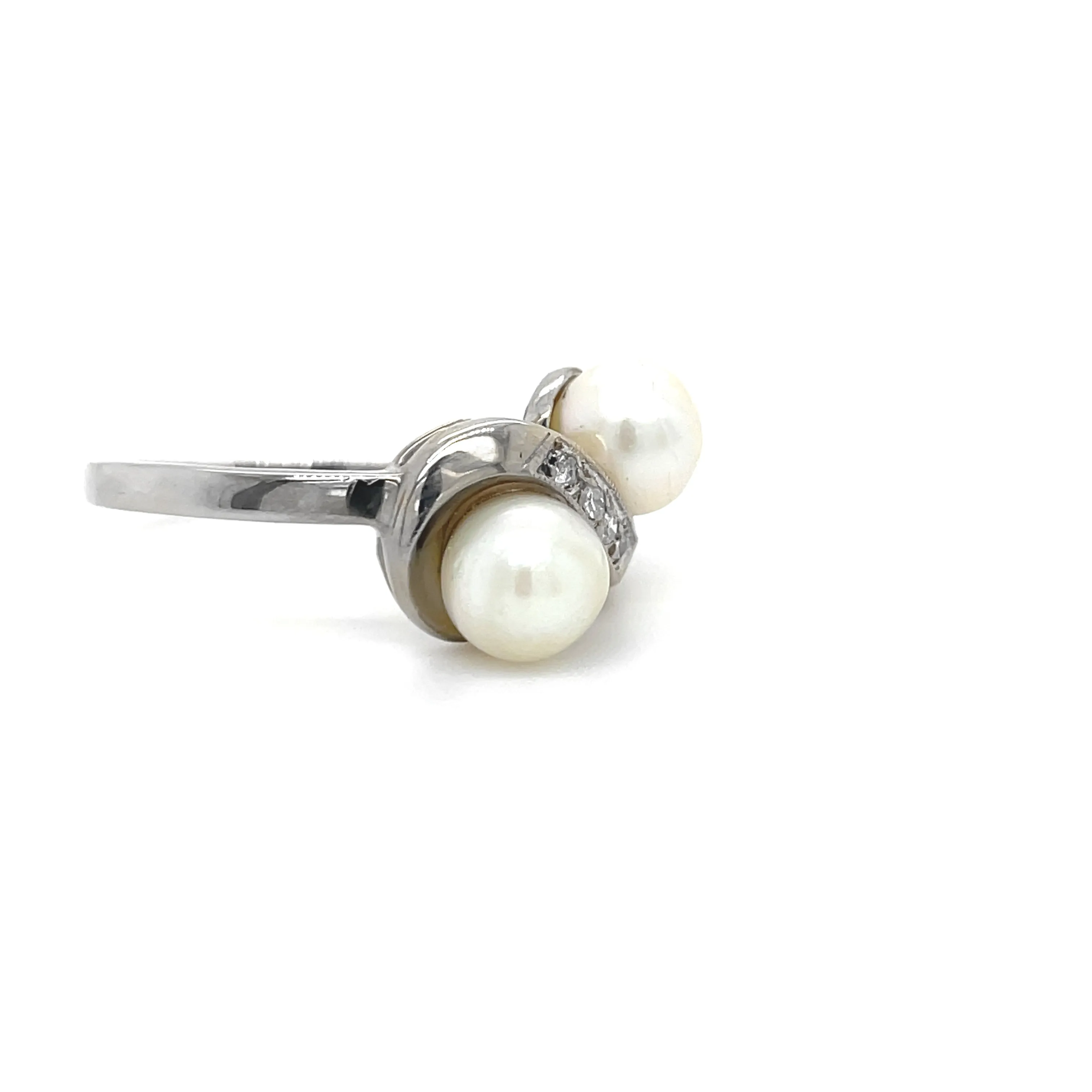 ESTATE 14KW Gold  2-Stone Pearl Ring with Diamond Accents
