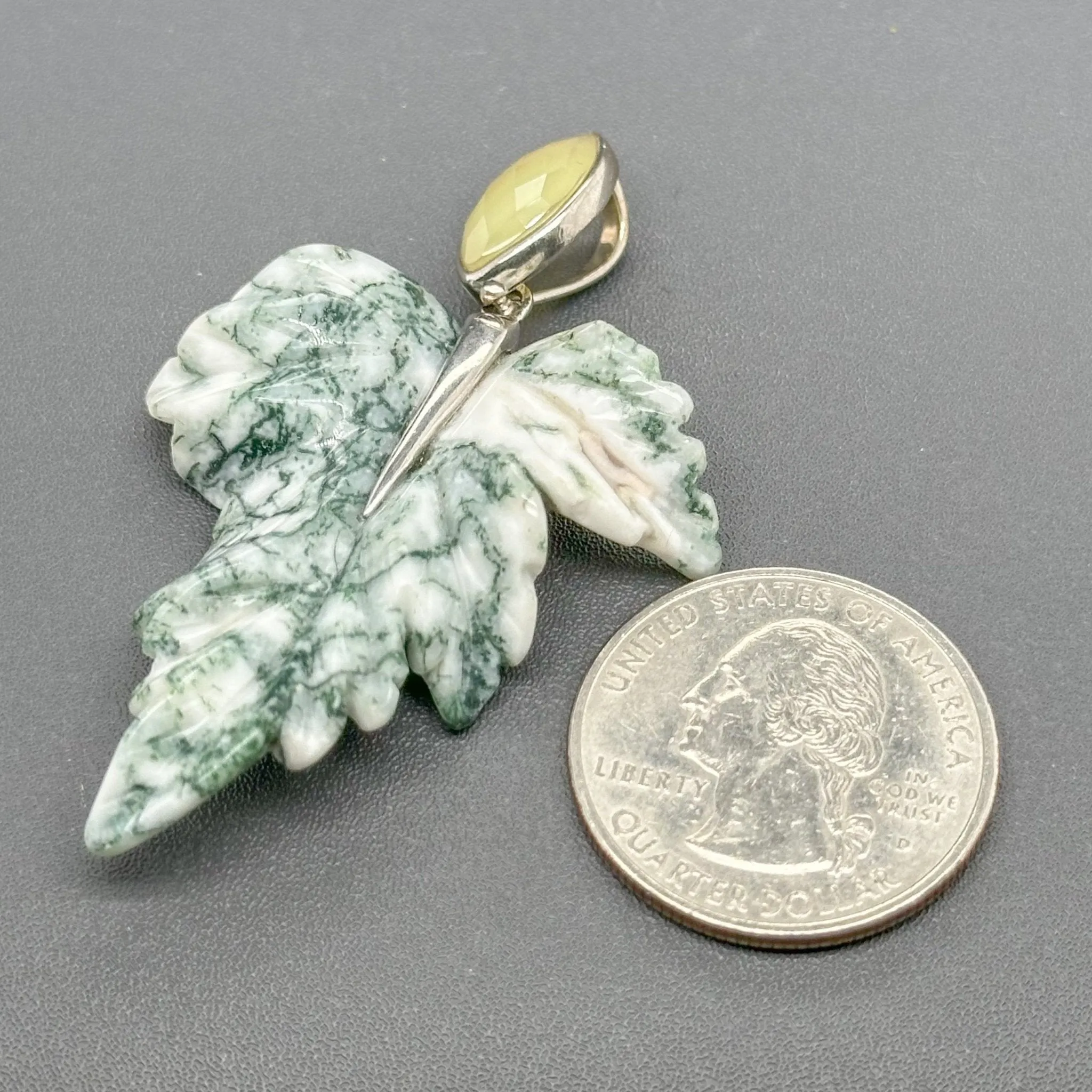 Estate SS Jody Crowell Carved Moss Agate Leaf Pendant