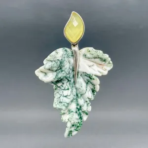 Estate SS Jody Crowell Carved Moss Agate Leaf Pendant