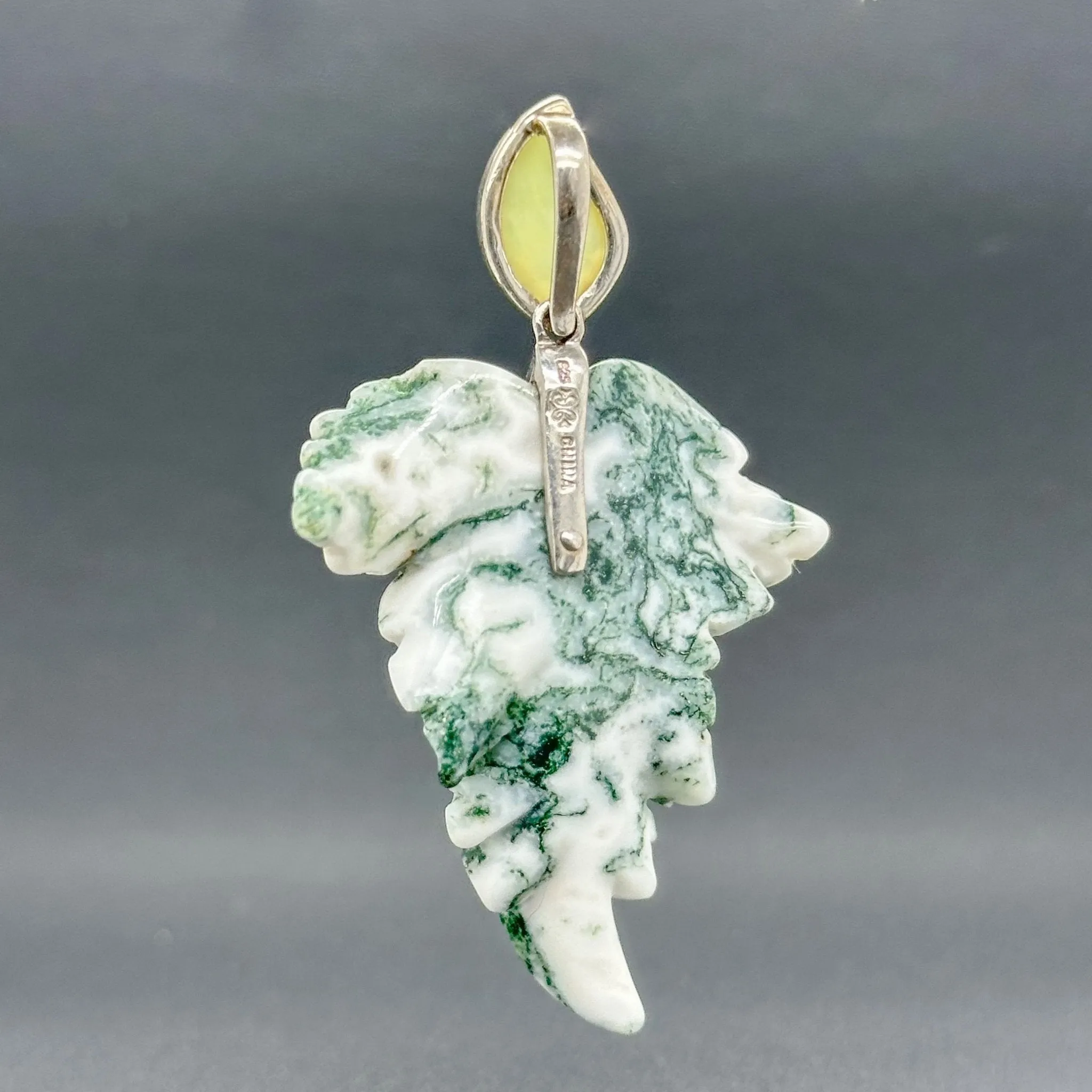 Estate SS Jody Crowell Carved Moss Agate Leaf Pendant