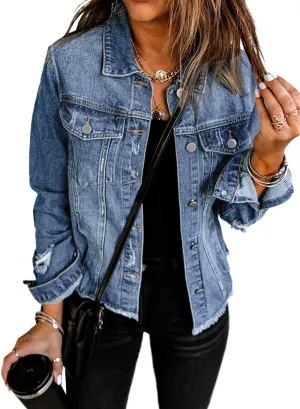 EVALESS Womens Boyfriend Washed Crop Denim Jean Jacket Coat