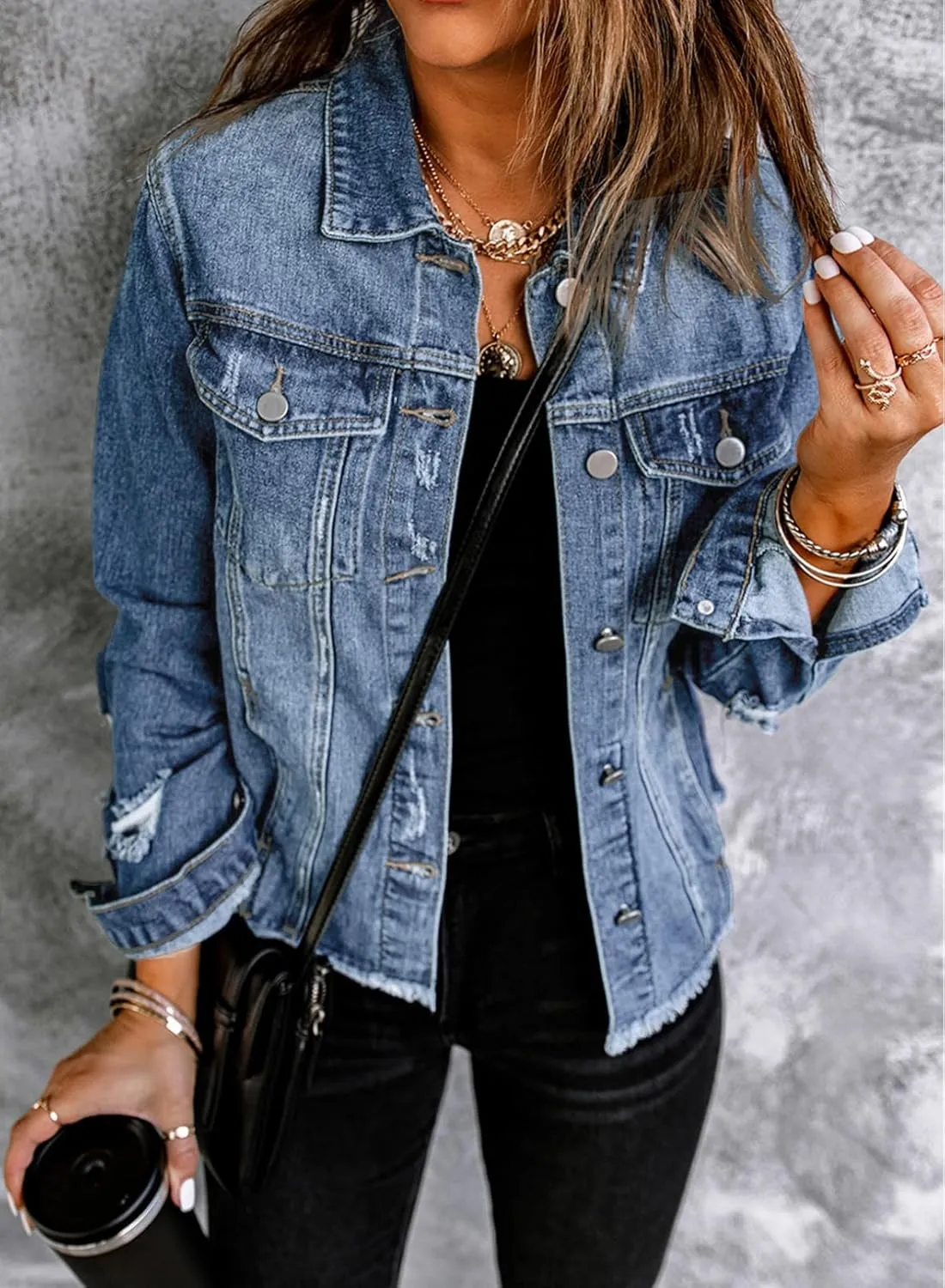 EVALESS Womens Boyfriend Washed Crop Denim Jean Jacket Coat