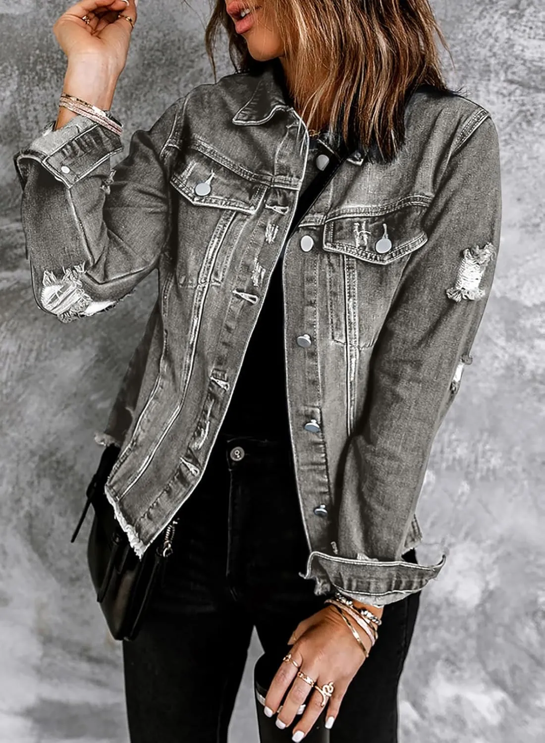 EVALESS Womens Boyfriend Washed Crop Denim Jean Jacket Coat
