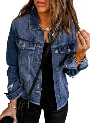 EVALESS Womens Boyfriend Washed Crop Denim Jean Jacket Coat