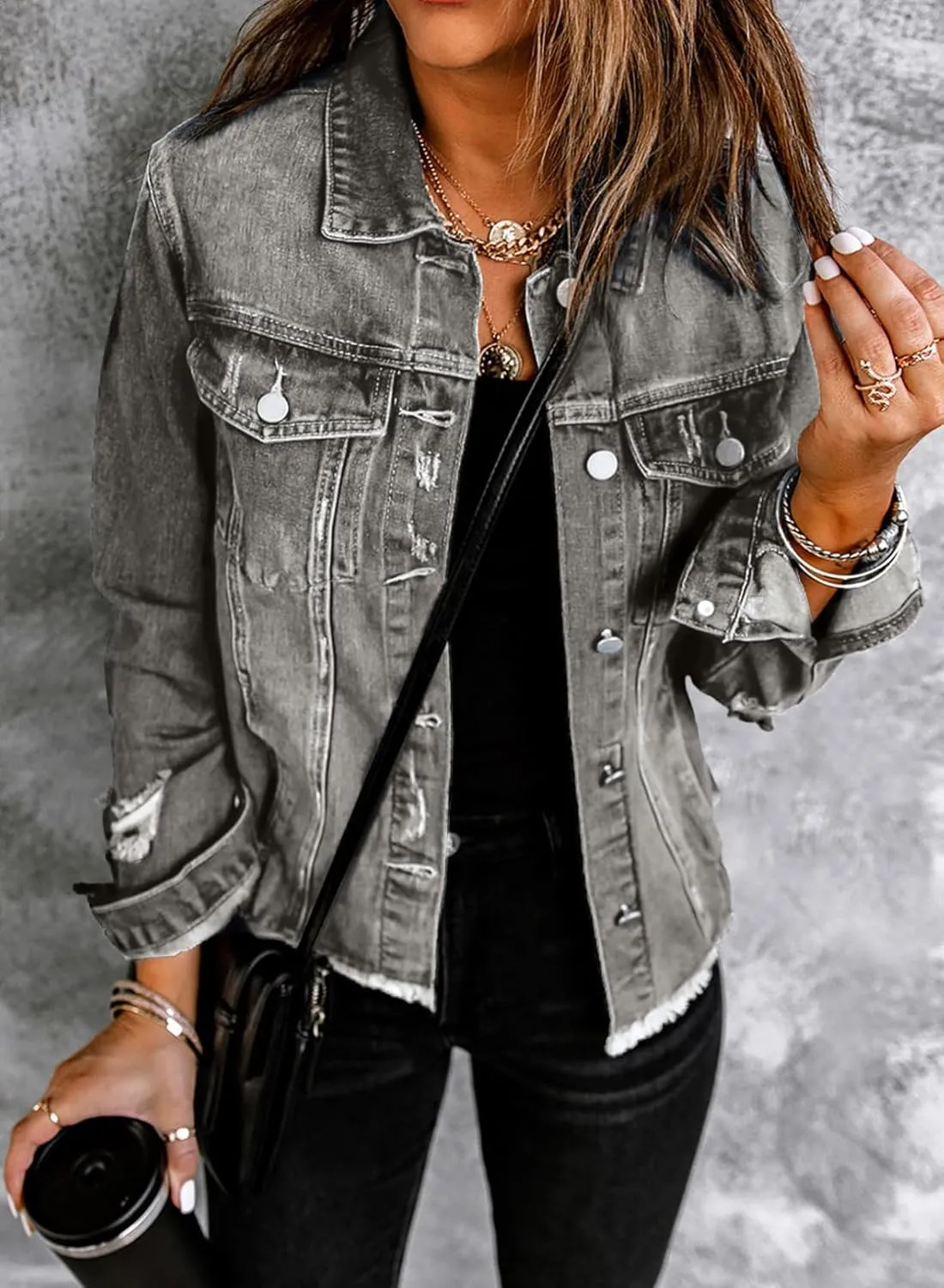 EVALESS Womens Boyfriend Washed Crop Denim Jean Jacket Coat
