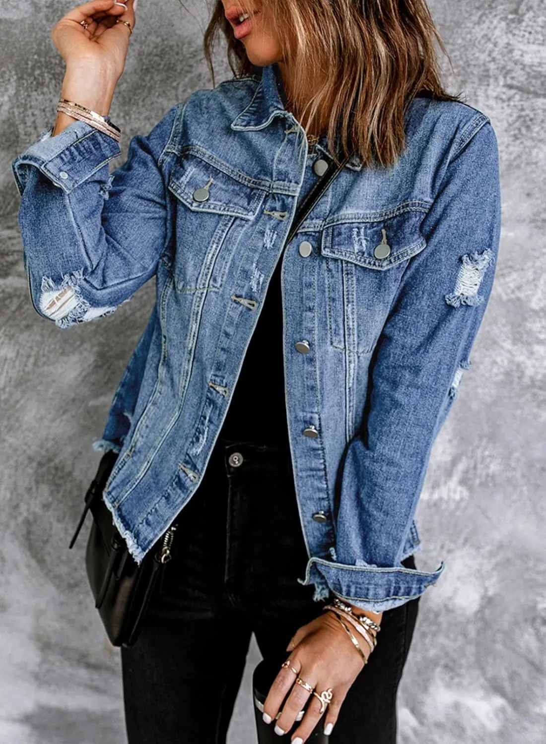 EVALESS Womens Boyfriend Washed Crop Denim Jean Jacket Coat